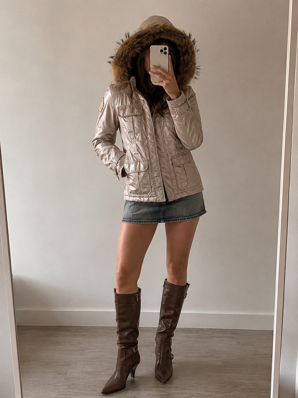 Y2K Italian Designer Fur Hood Parka Jacket – 2000s – Rose Gold- Size S